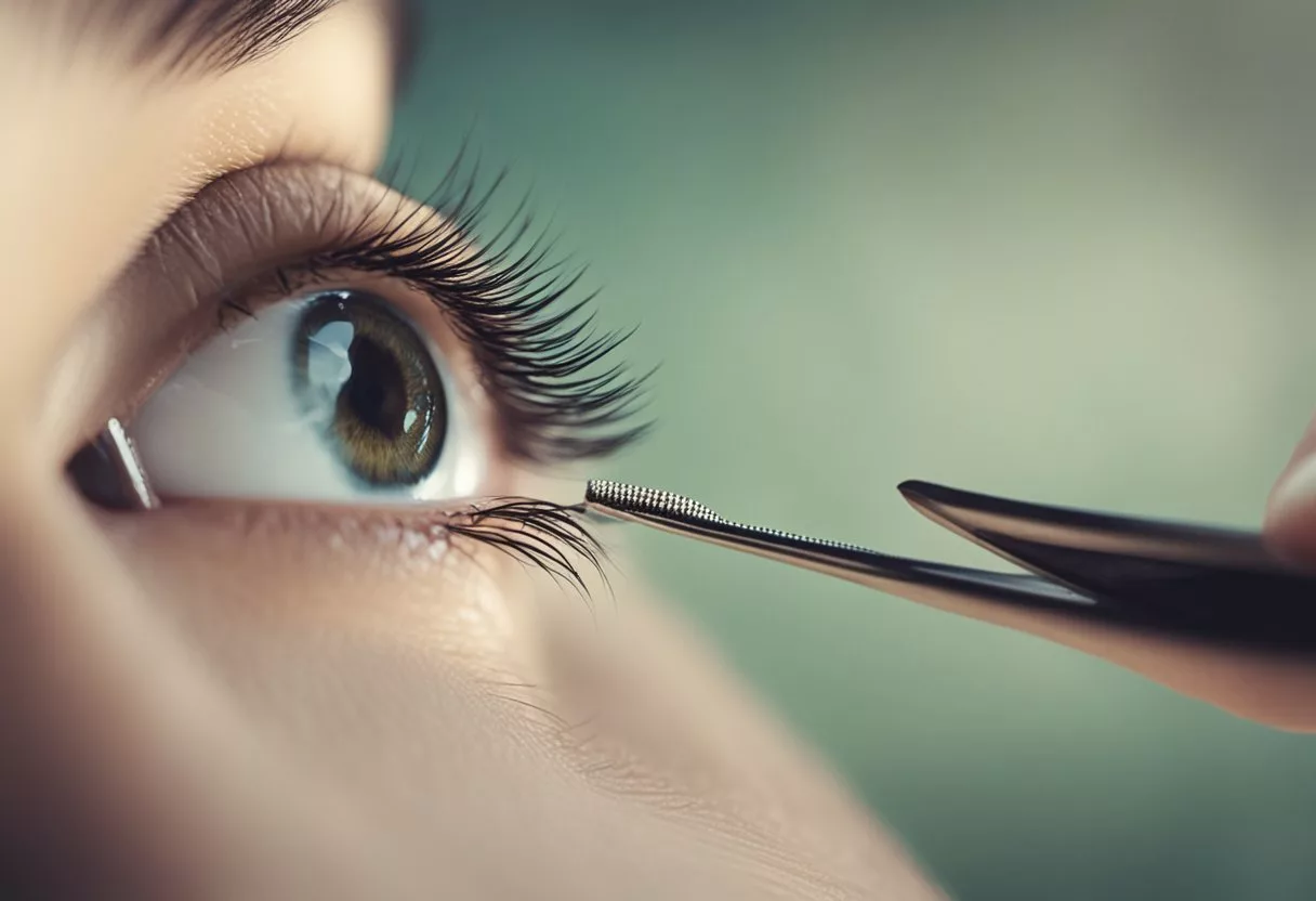 A pair of tweezers gripping a single eyelash, with a gentle tug