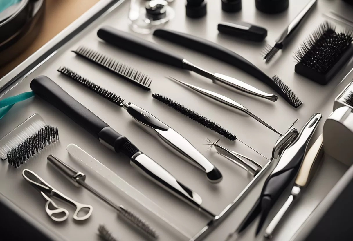 A table with various tools and materials for eyelash extensions, including tweezers, adhesive, and different lengths of synthetic lashes
