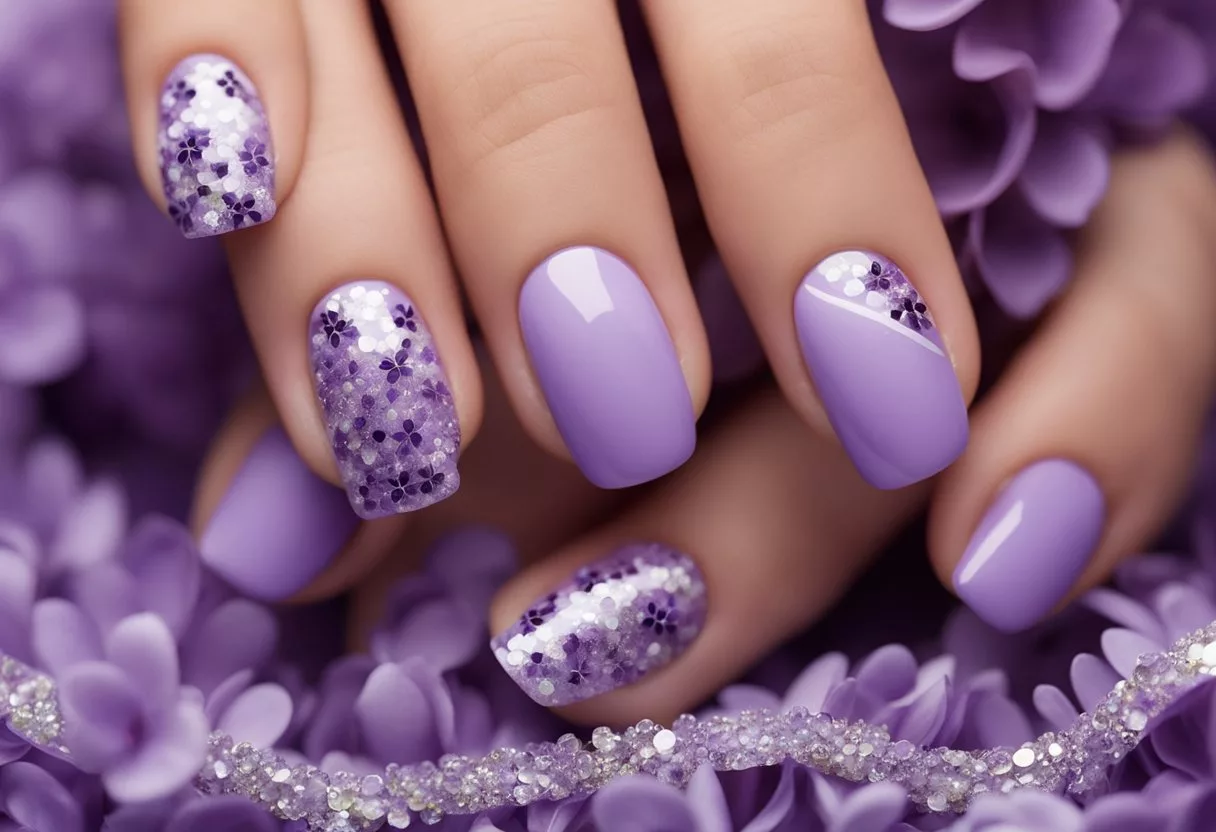 Lilac nail art trend: varied designs on lilac nails, including flowers, stripes, and glitter