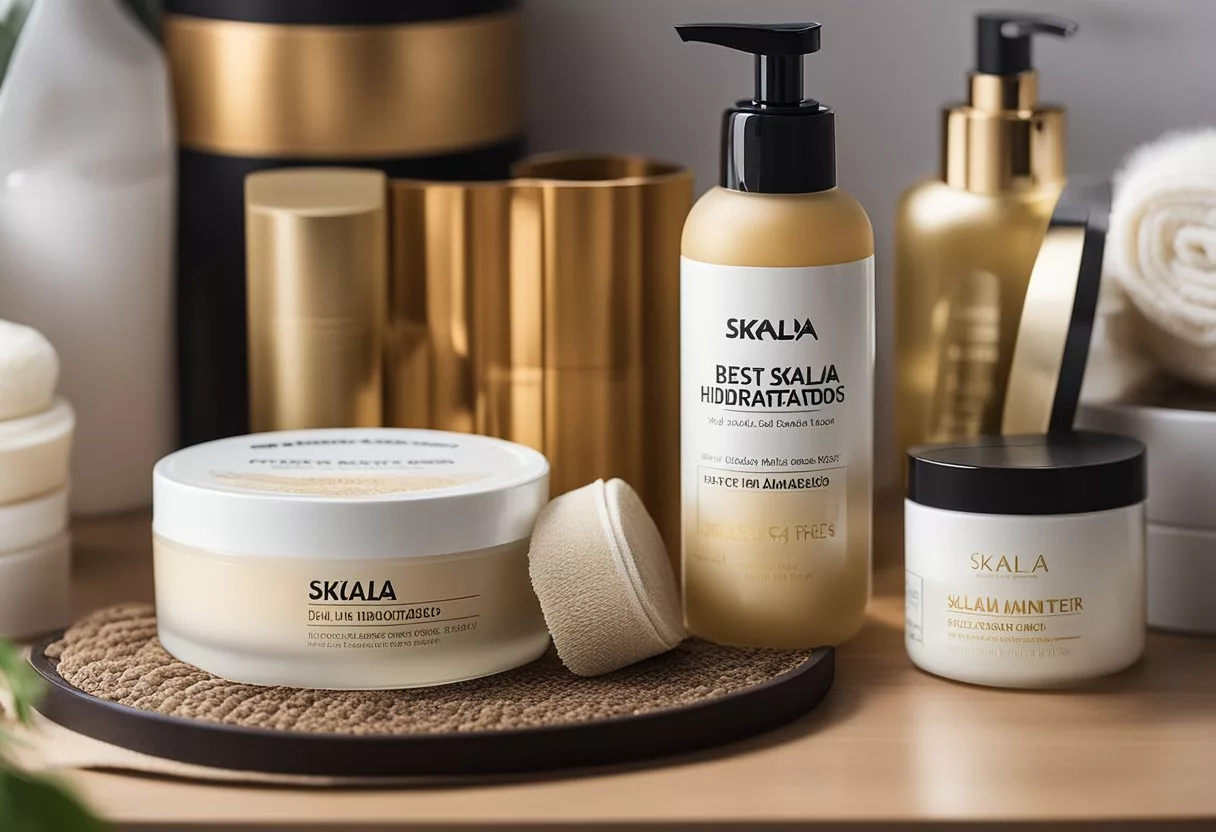 A bottle of Skala hair cream sits on a bathroom shelf, surrounded by various hair care products. The label reads "Dicas para Manter Cabelos Hidratados" and "best for ressecados hair."