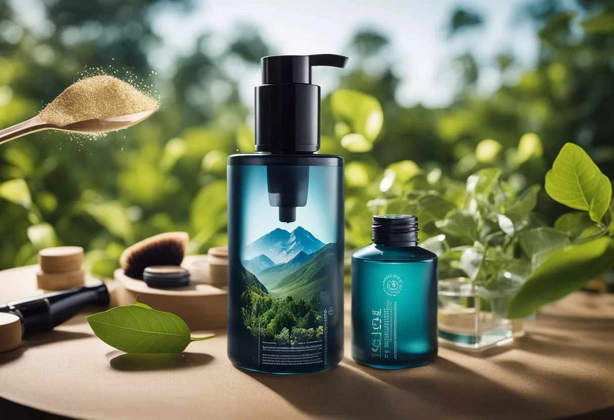 A makeup diluter being poured into a container, surrounded by images of nature and sustainability symbols