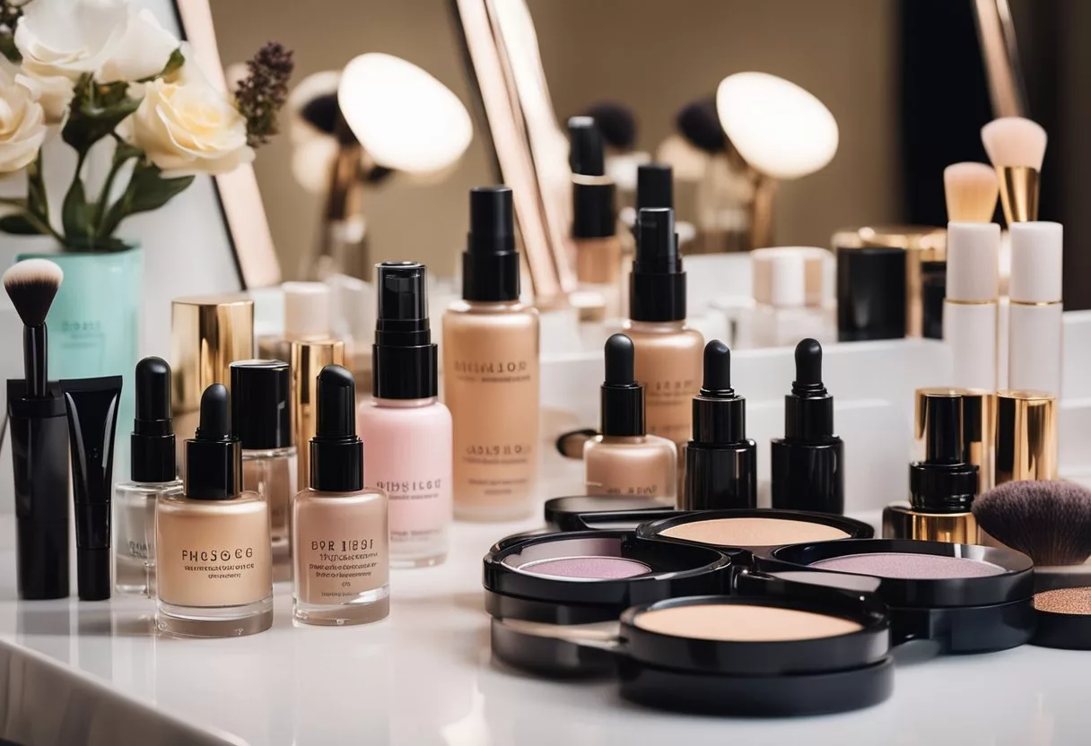 A makeup diluter sitting on a clean, organized vanity table with various makeup products in the background