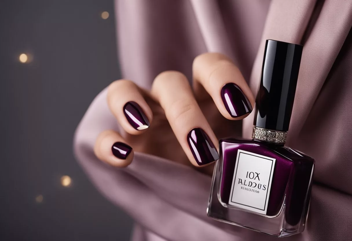 A hand holding a bottle of deep burgundy nail polish, surrounded by luxurious fabrics and elegant jewelry