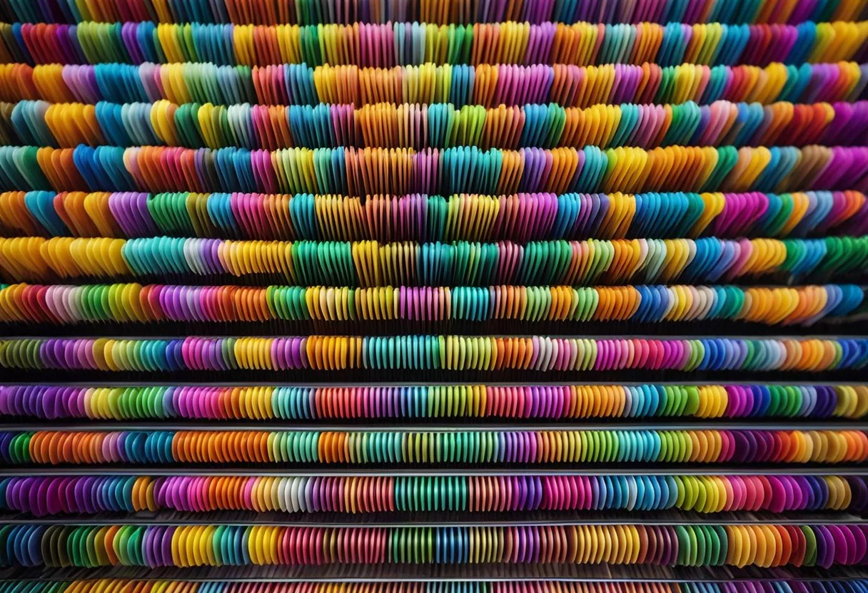 Tubos de rímel de cabelo vibrantes dispostos em um padrão de arco-íris em uma prateleira de exposição