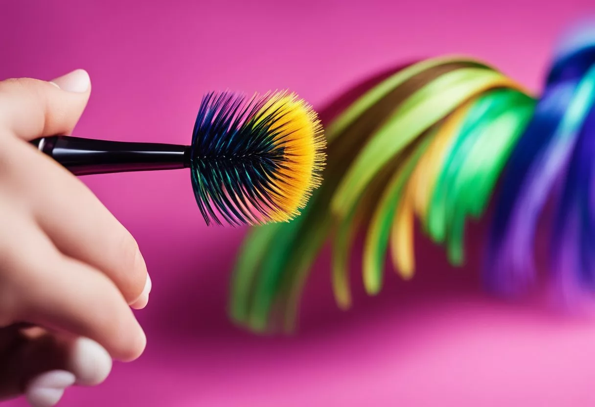 Uma mão segurando uma varinha de rímel colorida para cabelo, aplicando-a em uma mecha de cabelo, criando mechas de cores vibrantes