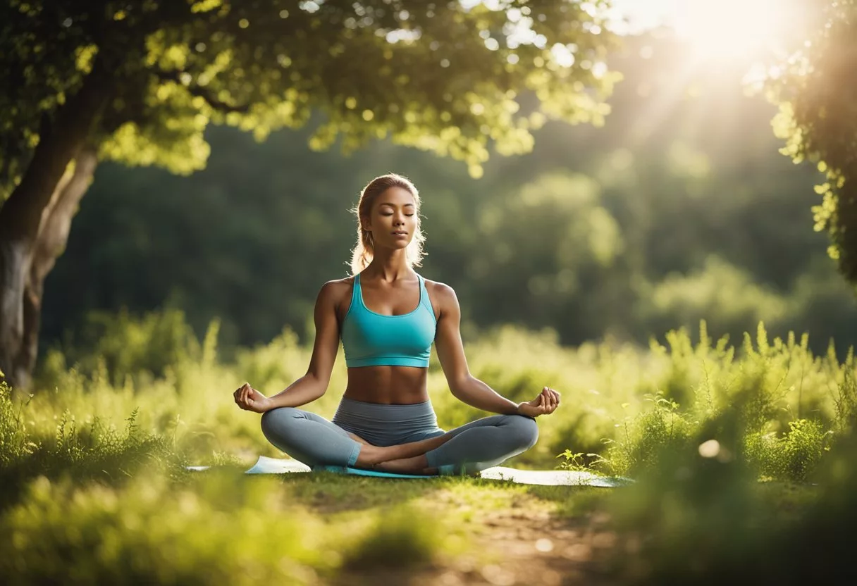 A serene landscape with a figure in a yoga pose, surrounded by nature and sunlight, evoking a sense of peace and mental well-being