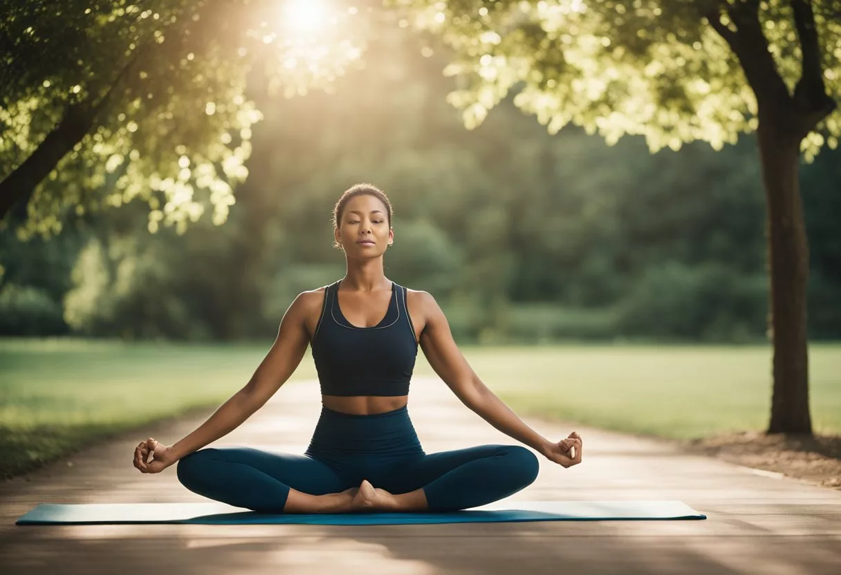 A person stretching in a serene environment, with trees and a calm atmosphere, highlighting the benefits of body flexibility and coordination