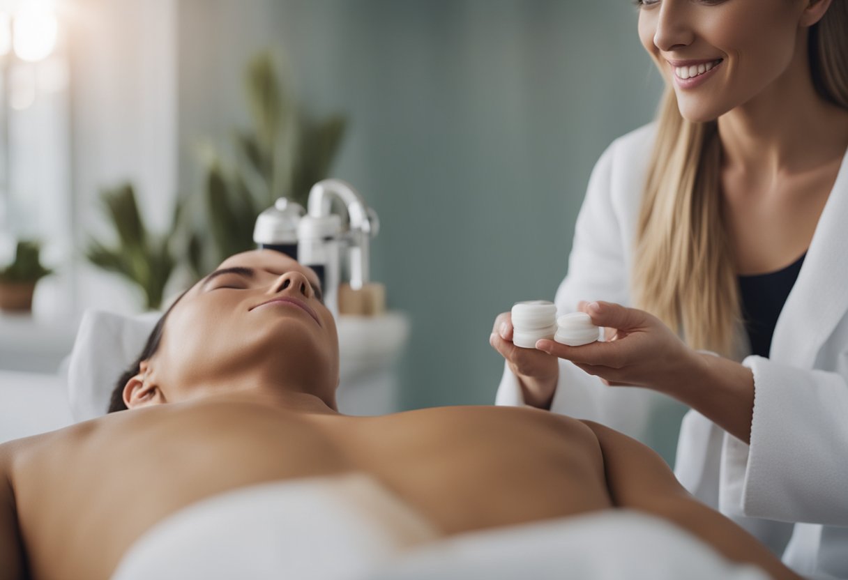A person seeking natural skin spot removal, consulting with a professional in a serene, spa-like setting