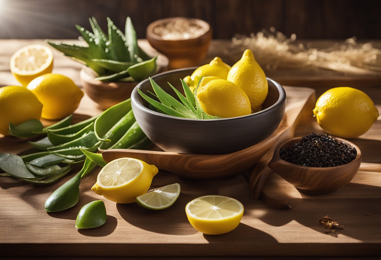 A bowl of natural ingredients like lemon, aloe vera, and honey on a wooden table, with a ray of sunlight shining on them