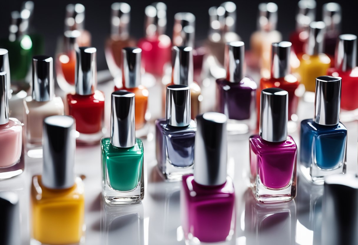 Colorful nail polish bottles arranged on a clean, white surface with simple and beautiful nail designs displayed on nail tips