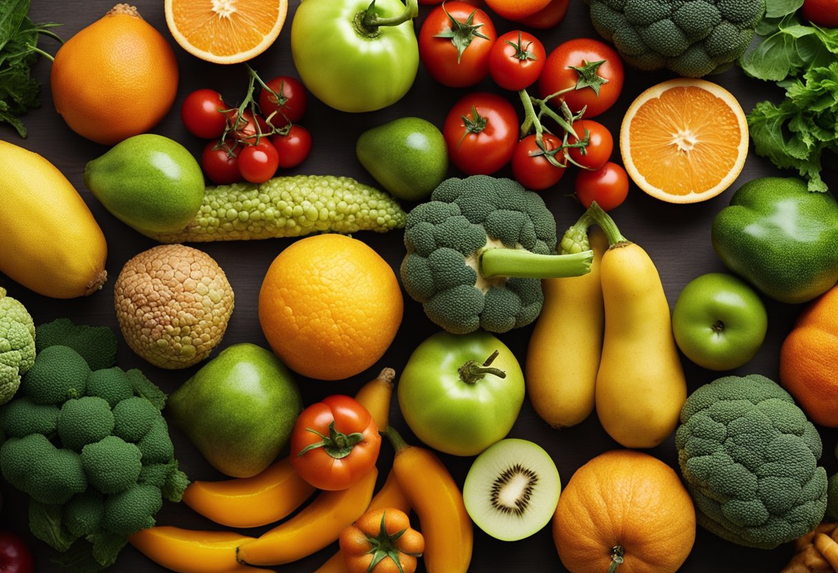A close-up of various textured fruits and vegetables, emphasizing their irregular surfaces to depict the relationship between nutrition and skin health