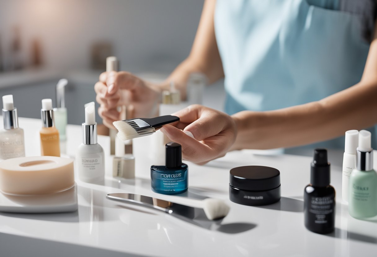 A hand holding a cuticle spatula, surrounded by various nail care products and a clean, well-lit background