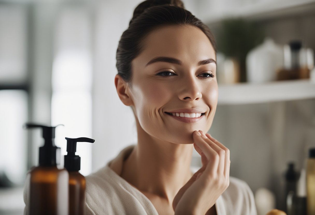 A woman applies a hydrating facial cleanser, her skin glowing with moisture. A bottle of the best hydrating facial soap sits on the counter