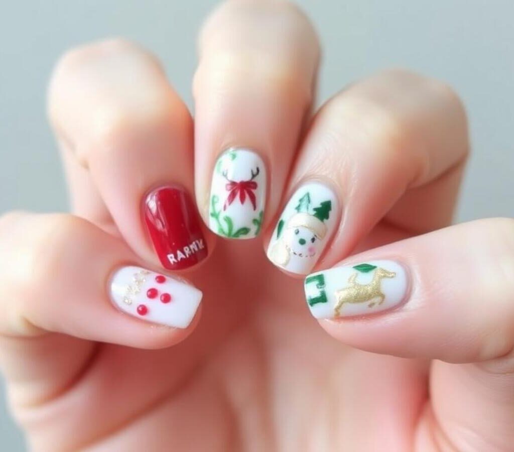 Decoração de Unhas Curtas para Natal e Ano Novo