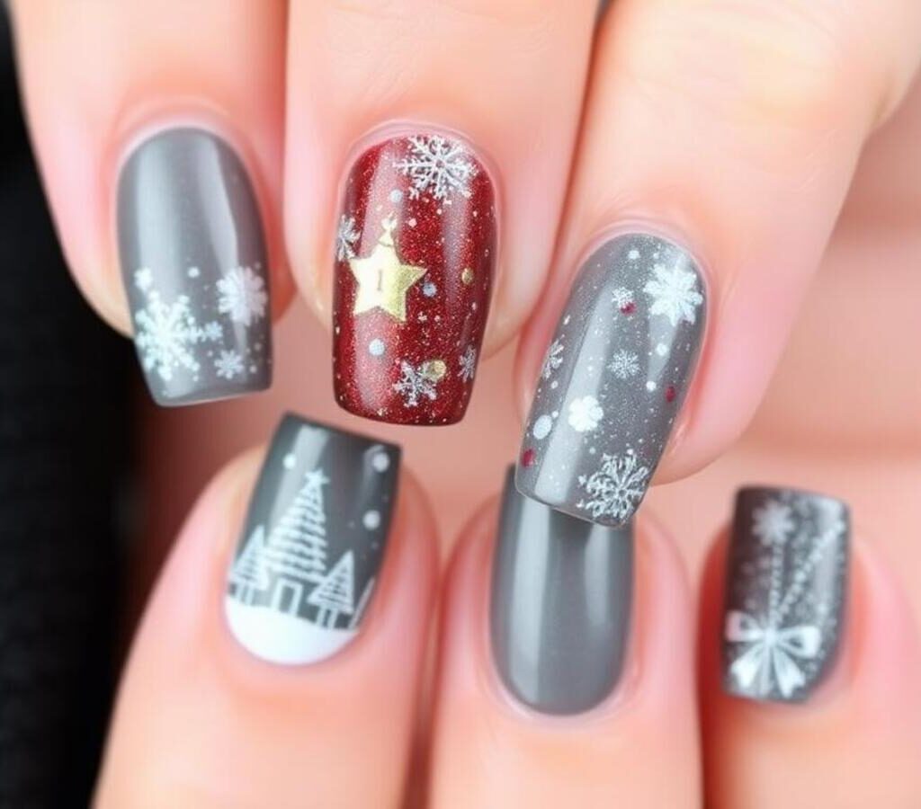 Decoração de Unhas Curtas para Natal e Ano Novo